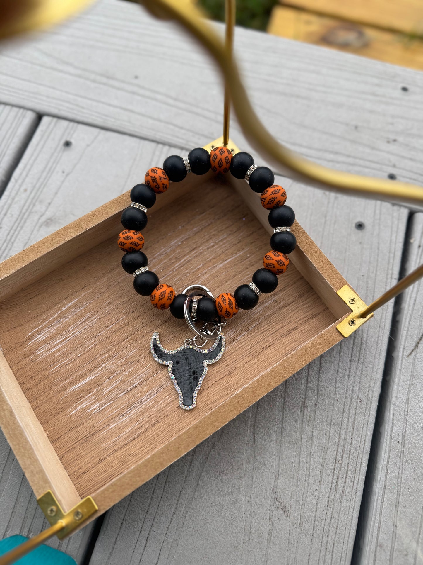 Brown Aztec & Bull Charm Wristlet